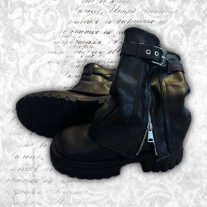 Black Buckle Foldover Zipper Boots